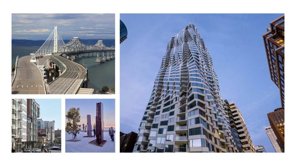 A collage featuring: a modern skyscraper with a wavy glass facade, a large bridge over water, contemporary apartment buildings, and an outdoor metal sculpture installation.